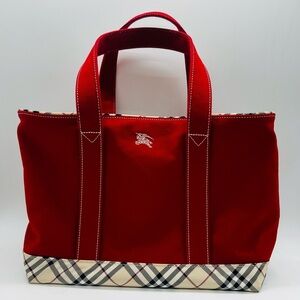 Burberry Red Canvas Tote with Plaid Accents and Top Zipper